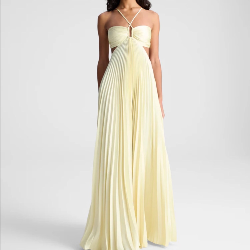 Moira Satin Butter Yellow Pleated Maxi Dress
